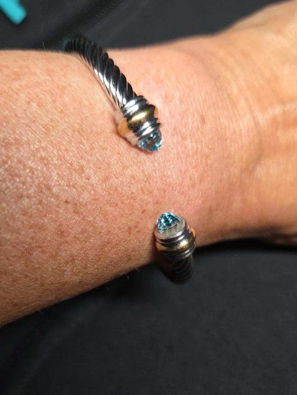 (Blue) Twisted Cable Cuff Bracelet with Crystal End Caps